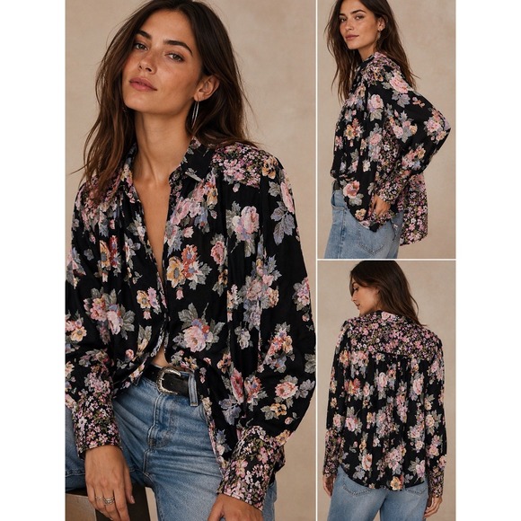 Free People Tops - Free People Hold On To Me Black Floral Print Blouse Medium Oversized Top